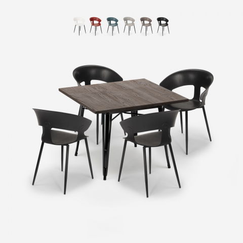 set 4 stoelen design vierkante tafel 80x80cm industriële reeve black Aanbieding