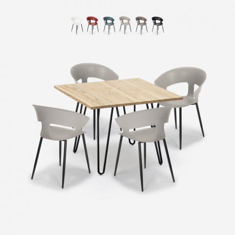 Conjunto mesa cozinha 80x80cm industrial 4 cadeiras design moderno Maeve Light