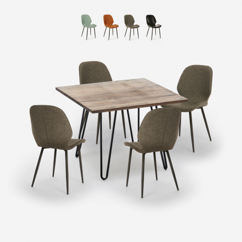 Industriële set met tafel 80x80 cm met 4 kunstleren design stoelen Wright Aanbieding