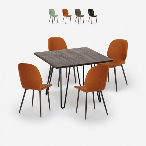 Conjunto bar cozinha mesa 80x80cm industrial 4 cadeiras design pele sintética Wright Dark