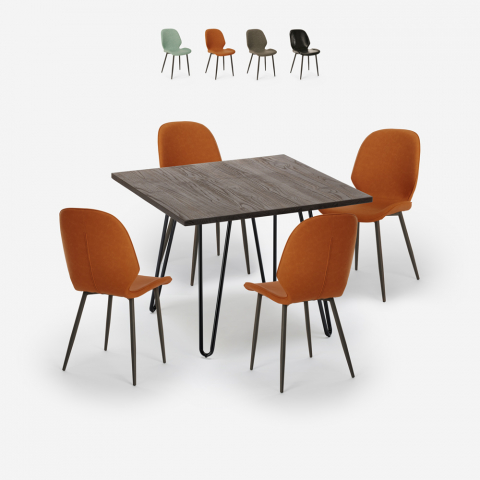 Industriële set met tafel 80x80 cm met 4 kunstleren design stoelen Wright Dark Aanbieding