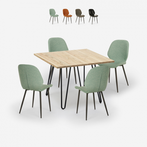 Conjunto 4 cadeiras design pele sintética mesa madeira metal 80x80cm Wright Light