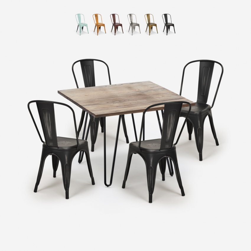 Set van 4 vintage stijl stoelen en industriële keukentafel 80x80 cm Hedges Kortingen Set van 4 vintage stijl stoelen en industriële keukentafel 80x80 cm Hedges Kortingen