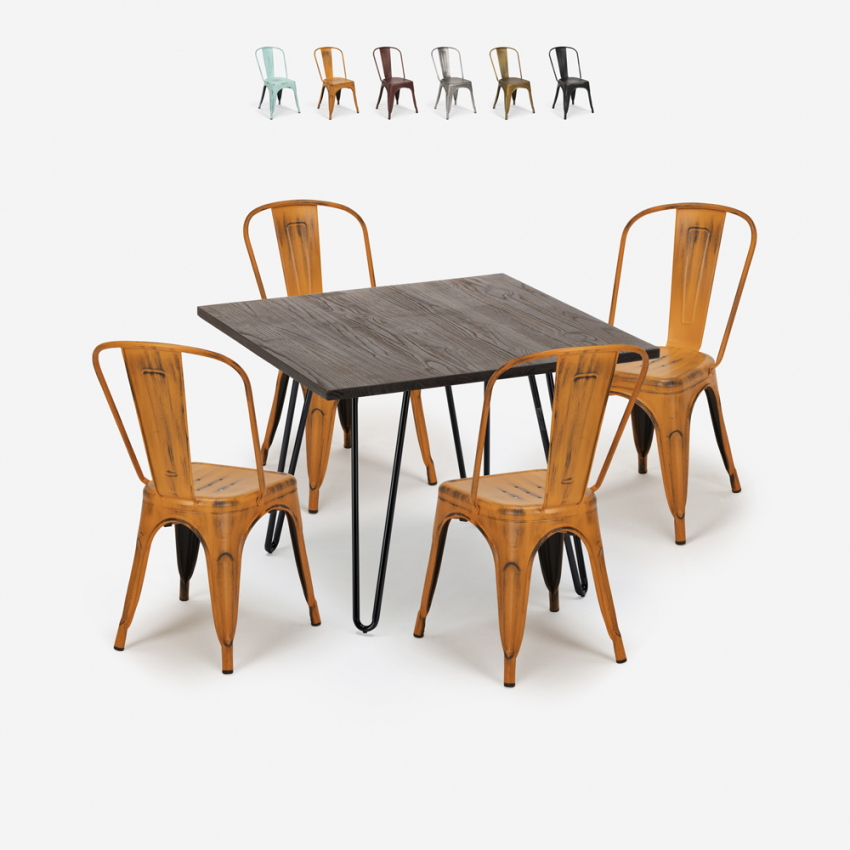 Set van 4 vintage stijl stoelen en industriële keukentafel 80x80 cm Hedges Dark Verkoop Set van 4 vintage stijl stoelen en industriële keukentafel 80x80 cm Hedges Dark Verkoop