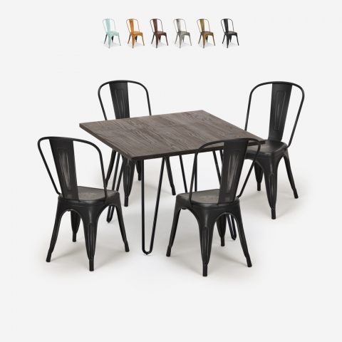 conjunto mesa quadrada 80x80cm madeira metal 4 cadeiras Lix vintage hedges dark Aanbieding