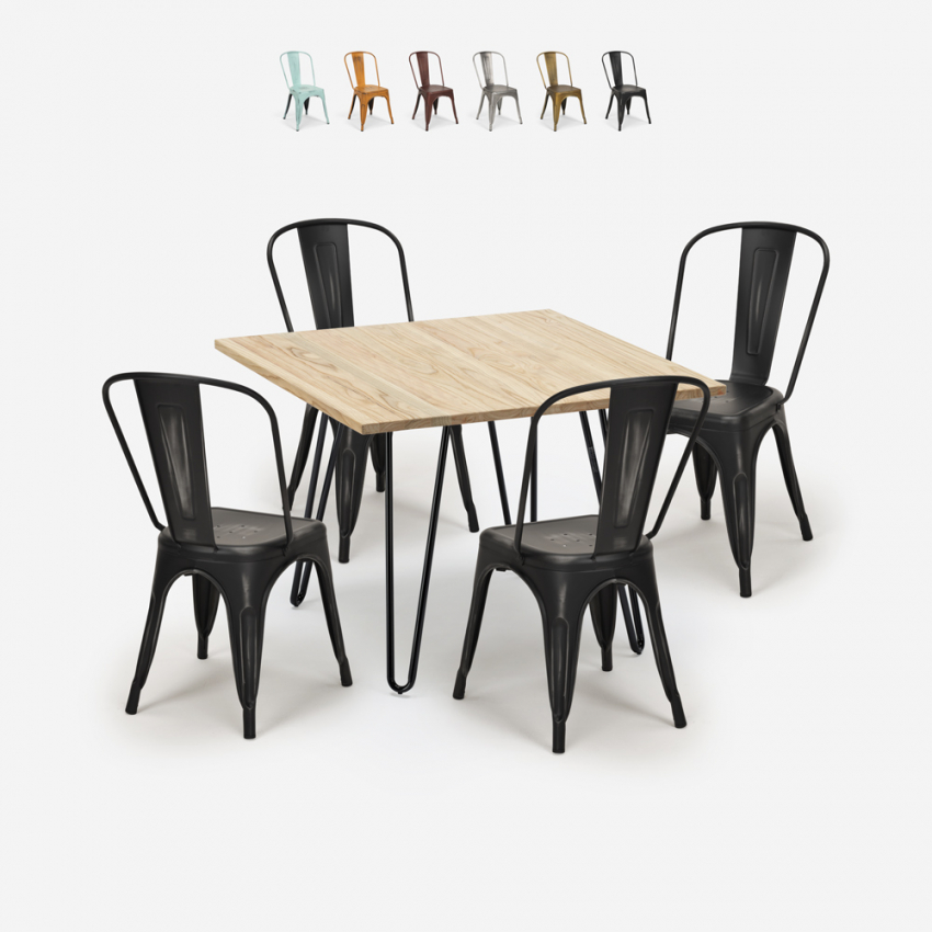 conjunto mesa bar cozinha 80x80cm madeira metal 4 cadeiras Lix vintage hedges light Korting