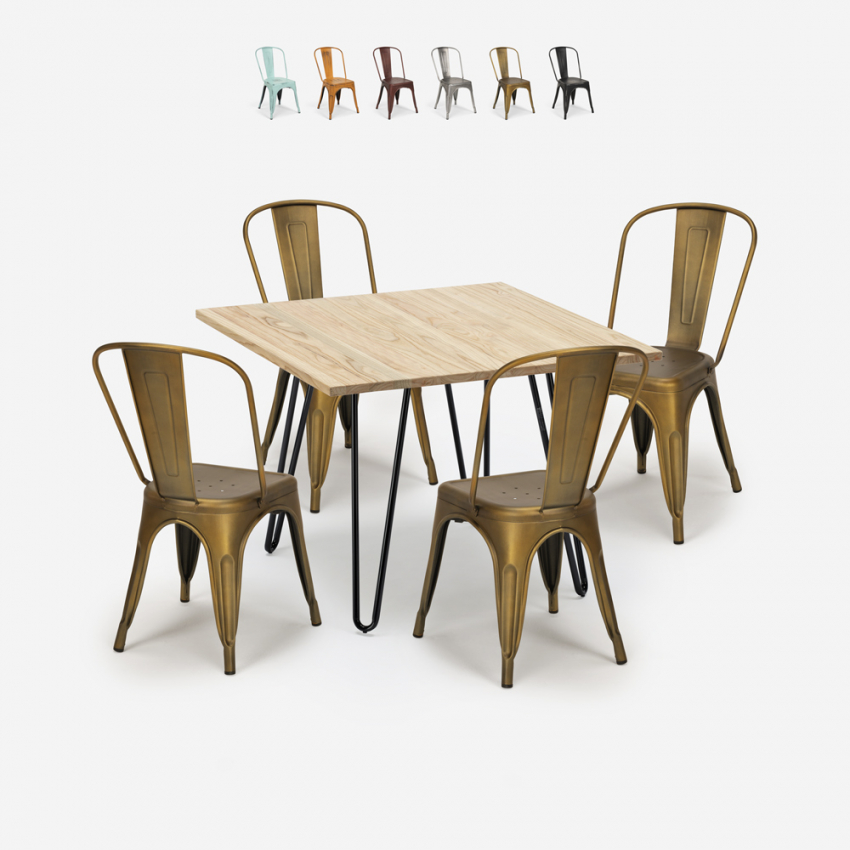Set van 4 vintage stijl stoelen en industriële keukentafel 80x80 cm Hedges Light Kortingen Set van 4 vintage stijl stoelen en industriële keukentafel 80x80 cm Hedges Light Kortingen