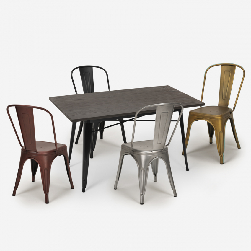 Vintage set met 4 industriële stoelen en eettafel 120x60 cm Hamilton Aanbieding