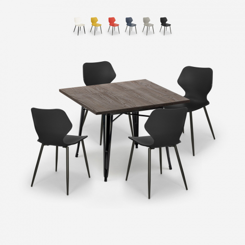 Conjunto 4 cadeiras polipropileno mesa Tolix 80x80cm quadrada metal Howe Dark