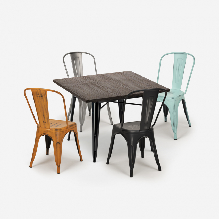 Industriële set met eettafel 80x80 cm cm en 4 vintage stoelen Dickson Aanbod Industriële set met eettafel 80x80 cm cm en 4 vintage stoelen Dickson Aanbod