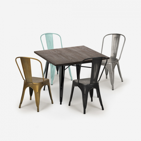 Conjunto 4 cadeiras vintage tolix mesa industrial 80x80cm madeira metal Dickson Aanbieding