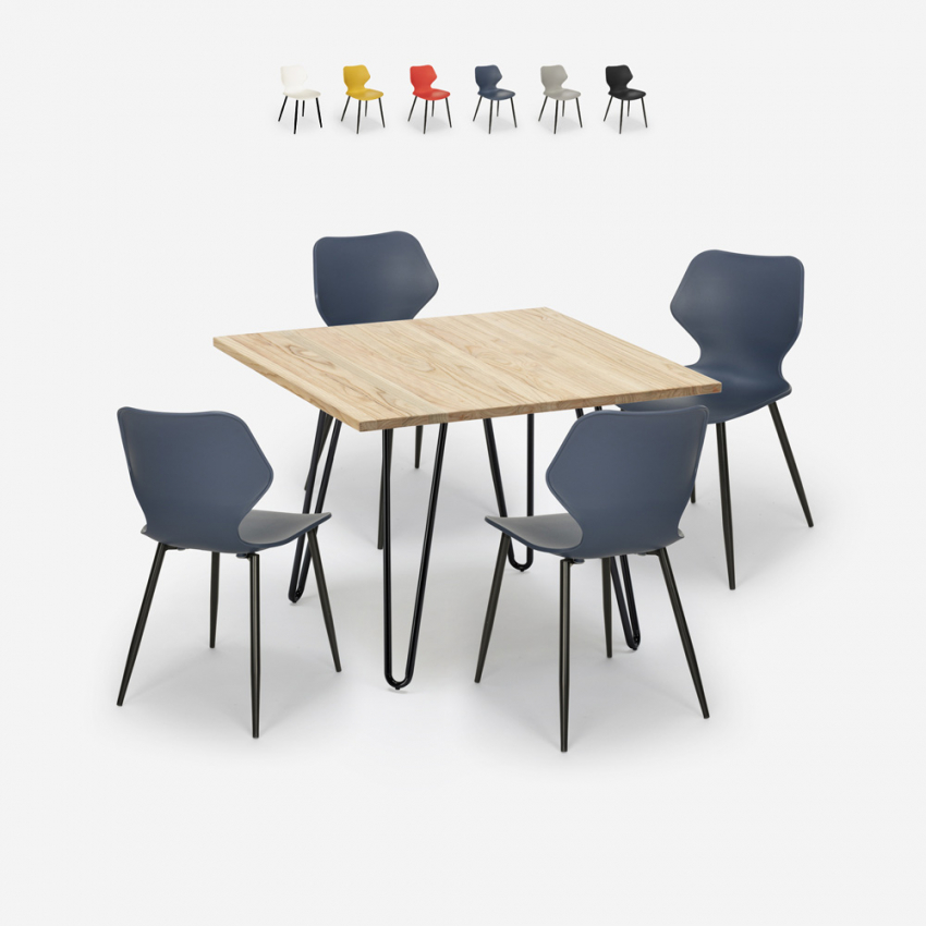 Industriële set met vierkante tafel 80x80 cm en 4 polypropyleen stoelen Sartis Light Aanbod