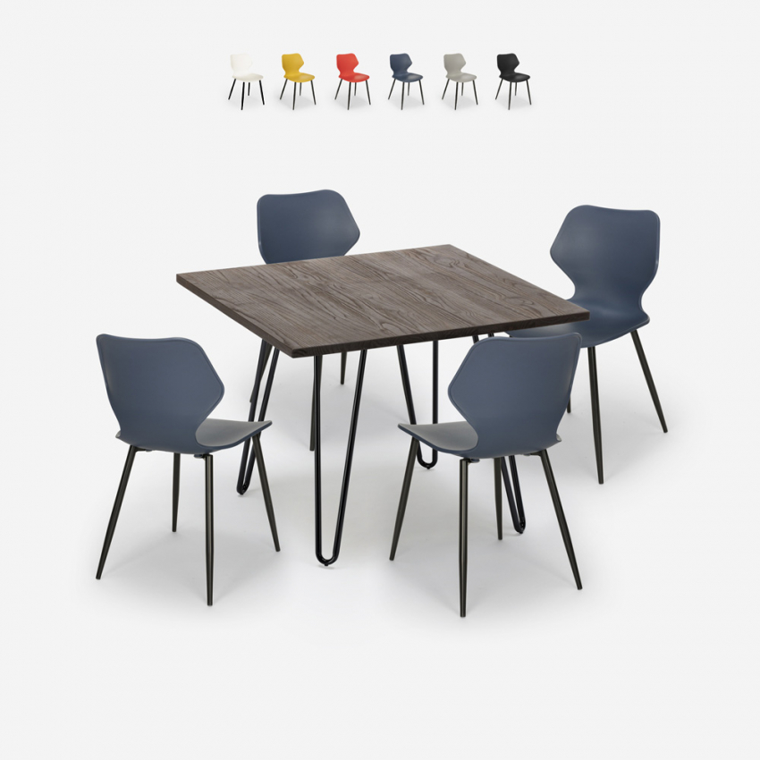 Industriële set met vierkante tafel 80x80 cm en 4 polypropyleen stoelen Sartis Dark Aanbod