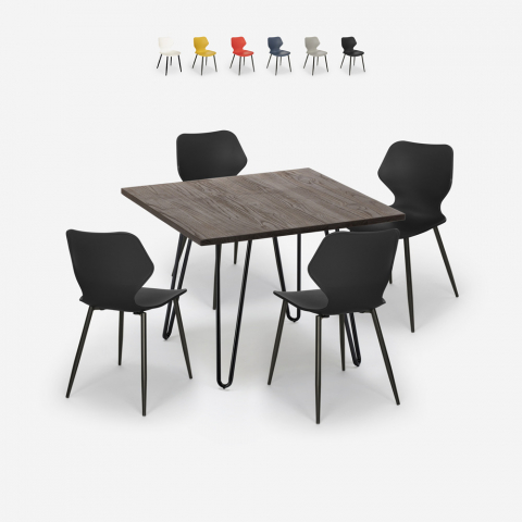 Conjunto 4 cadeiras design mesa quadrada 80x80cm madeira metal Sartis Dark