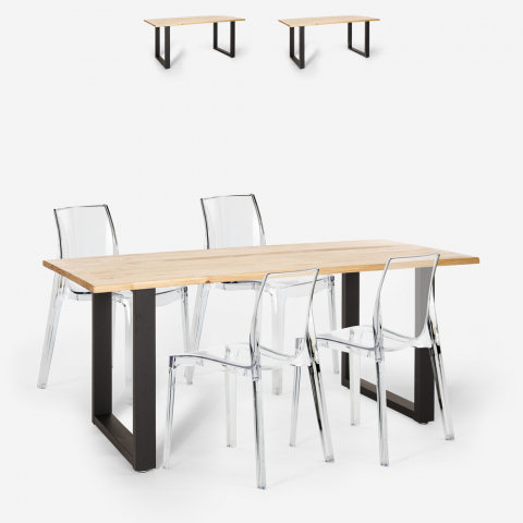 Conjunto mesa de jantar 160x80cm industrial 4 cadeiras transparentes design Hilton