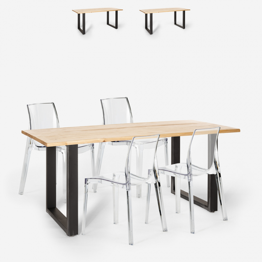 Industriële set met eettafel 160x80 cm en 4 transparante designstoelen Hilton Korting