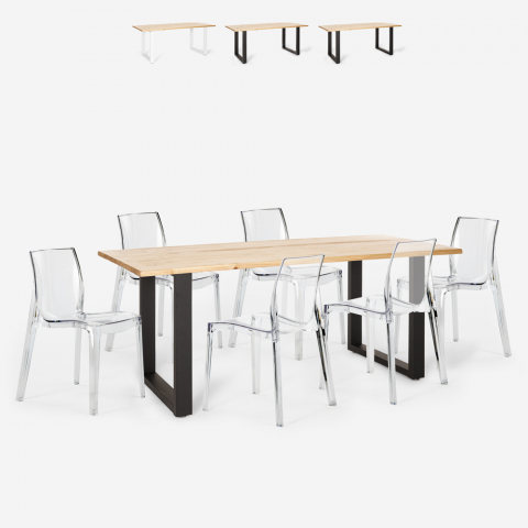 Set van 6 transparante stoelen en industriële eettafel 180x80 cm Vice Aanbieding