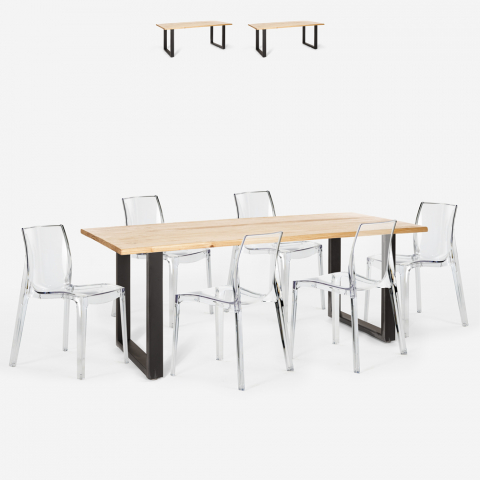 Industriële set met eettafel 200x80 cm en 6 transparante designstoelen Lewis Aanbieding