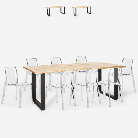 Industriële set met eettafel 220x80 cm en 8 transparante designstoelen Virgil Aanbieding