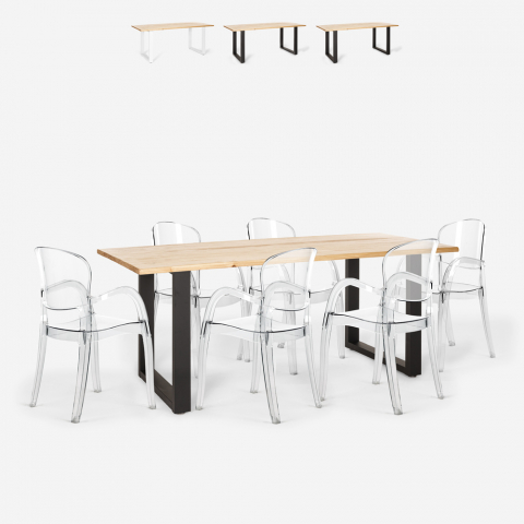 Set met eettafel 180x80 cm van hout en metaal en 6 transparante stoelen Jaipur L Aanbieding