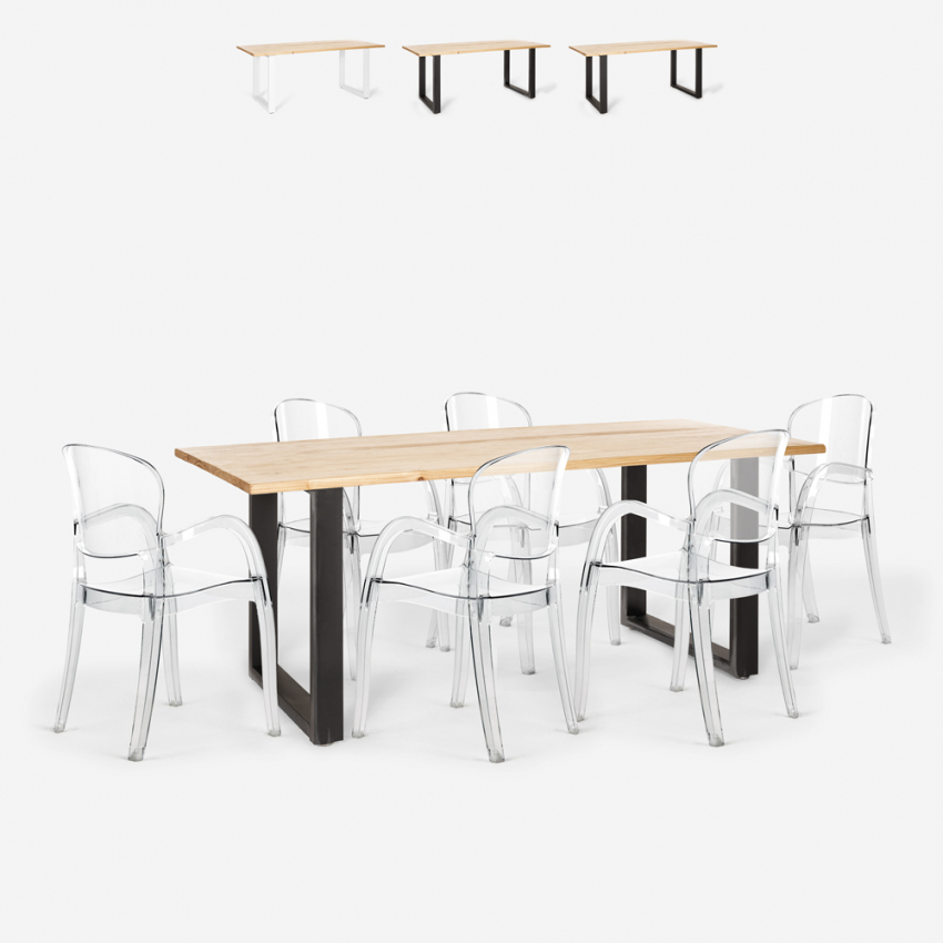 Set met eettafel 180x80 cm van hout en metaal en 6 transparante stoelen Jaipur L Verkoop
