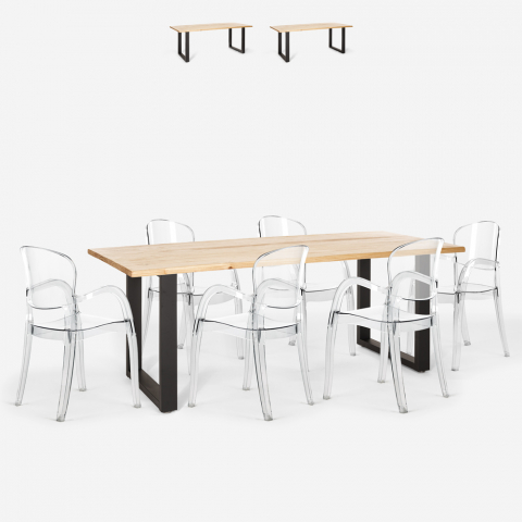 Set met eettafel 200x80 cm van hout en metaal en 6 transparante stoelen Jaipur XL Aanbieding