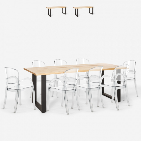 Set met eettafel 220x80 cm van hout en metaal en 8 transparante stoelen Jaipur XXL Aanbieding