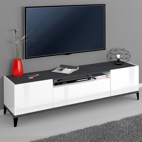 Modern TV meubel 160x40 cm 2 vakken glanzend witte leisteen lade Jacob
