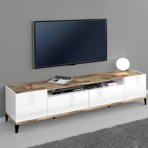 Modern TV meubel met lades 200x40 cm glanzend wit hout Young Wood