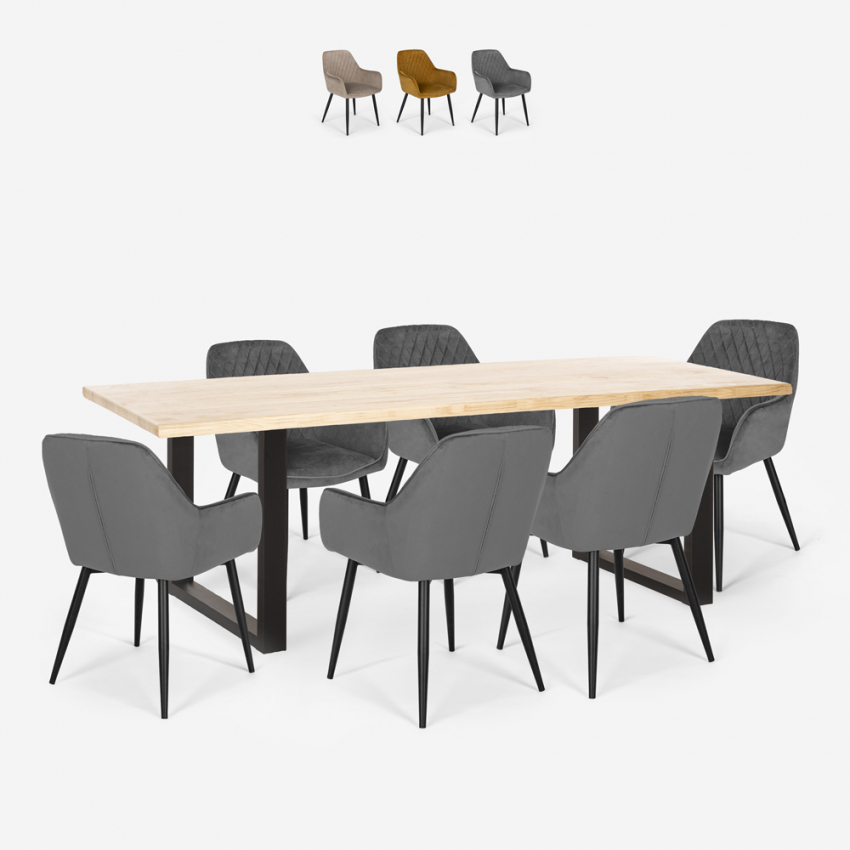 Set van 6 fluwelen design stoelen en tafel in industriële stijl 200x80 cm Samsara XL1 Aanbieding Set van 6 fluwelen design stoelen en tafel in industriële stijl 200x80 cm Samsara XL1 Aanbieding