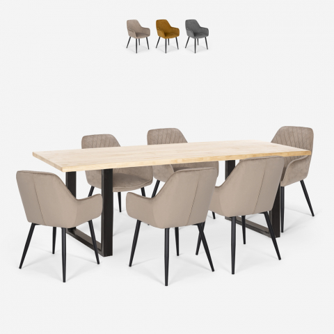 Set van 6 fluwelen design stoelen en tafel in industriële stijl 200x80 cm Samsara XL2 Aanbieding