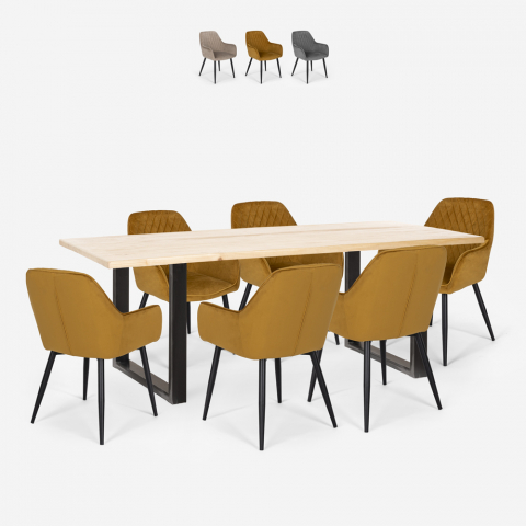 Set van 6 fluwelen design stoelen en tafel in industriële stijl 180x80 cm Samsara L2 Aanbieding