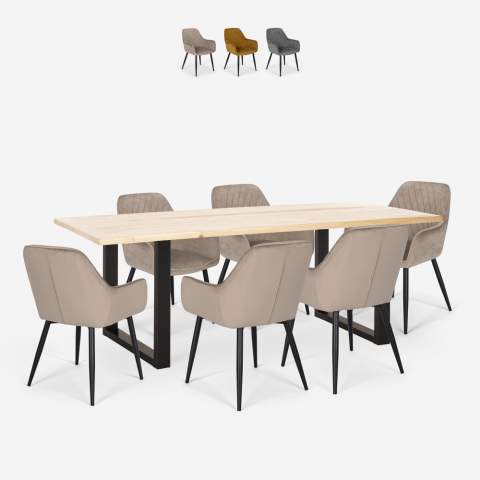 Set van 6 fluwelen design stoelen en tafel in industriële stijl 180x80 cm Samsara L1 Aanbieding