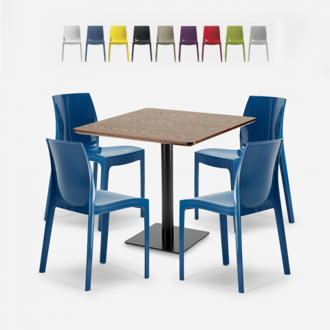 Houten metalen salontafel set Horeca 90x90cm 4 stapelbare stoelen bar restaurant Yanez