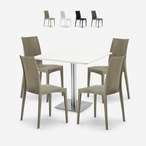 Horeca set met salontafel 90x90 cm en 4 polyrotan stoelen Barrett White Aanbieding
