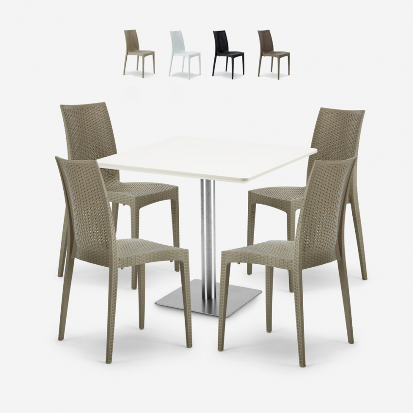 architect Aanpassen Glans Barrett White salontafel set 90x90cm wit Horeca 4 stapelbare poly rotan  stoelen
