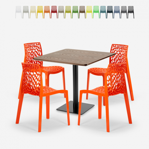 Houten metalen salontafel set Horeca 90x90cm 4 stapelbare design stoelen Dustin