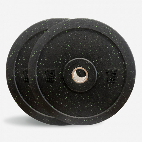 2 x 15 kg schijven rubber gewichten crosstraining Olympische halterstang Bumper HD Dot