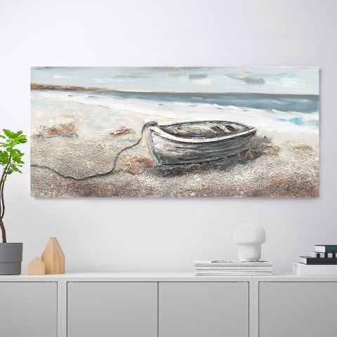 Landschap Schilderij zee natuur handgeschilderd op canvas 110x50cm Boat