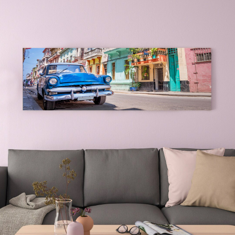Print felle kleuren schilderij geplastificeerd canvas stad auto 120x40cm Cuba Aanbieding
