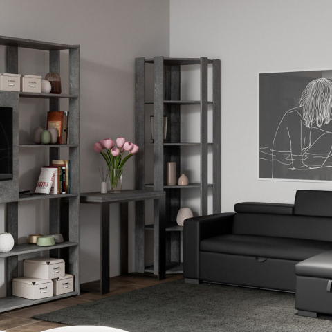Grijze modern design hoekwand boekenkast woonkamer Kato Angolo B Concrete