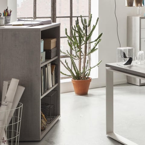 Lage en brede boekenkast met 3 houten compartimenten voor kantoor en studie Cement
