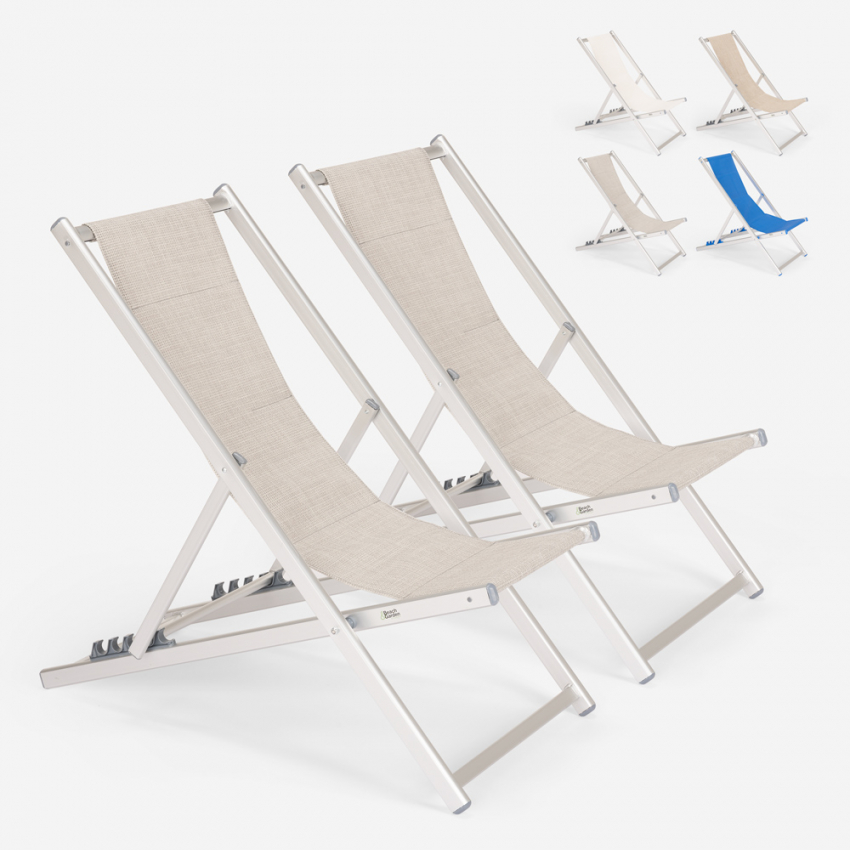 Set van 2 verstelbare opvouwbare aluminium strandstoelen Riccione Gold Set van 2 verstelbare opvouwbare aluminium strandstoelen Riccione Gold