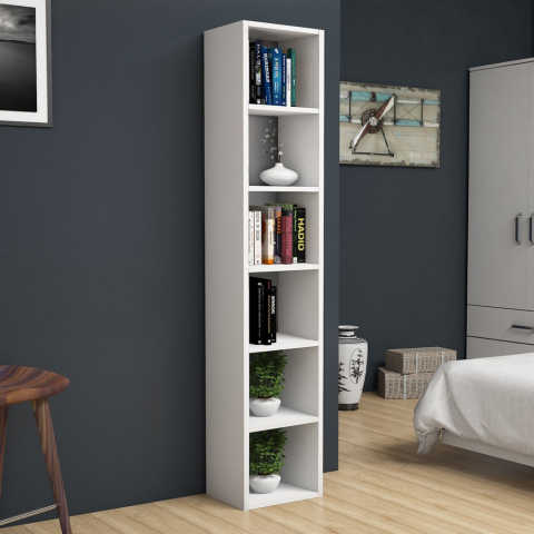 Hoge en smalle houten boekenkast in witte kleur 6 compartimenten Tower Aanbieding