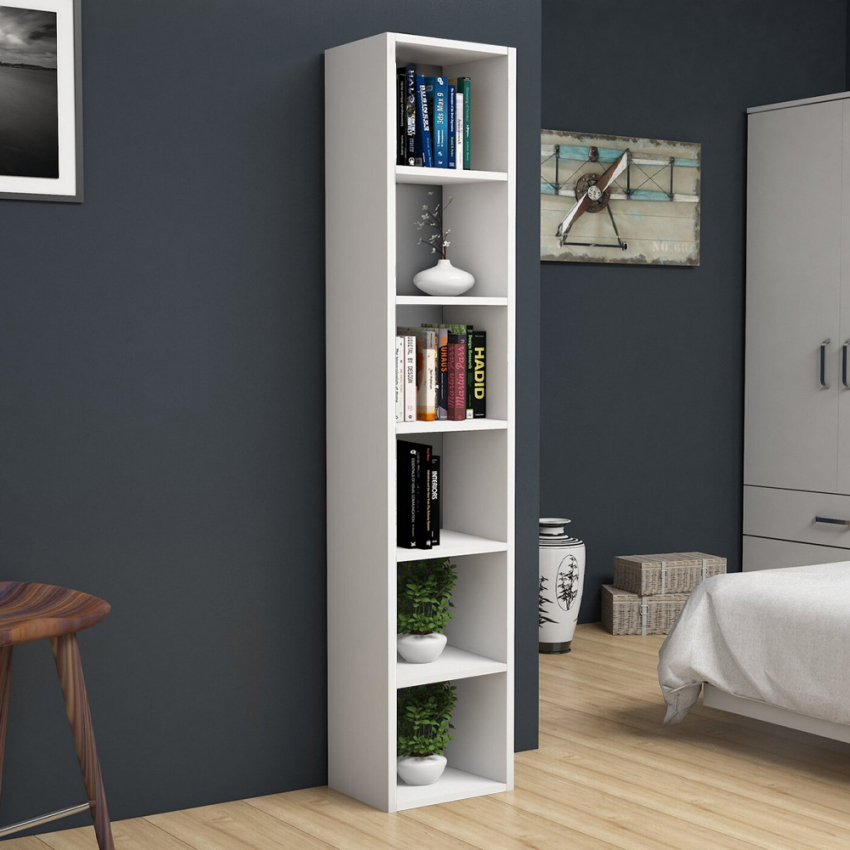 Hoge en smalle houten boekenkast in witte kleur met 6 compartimenten Tower Aanbieding