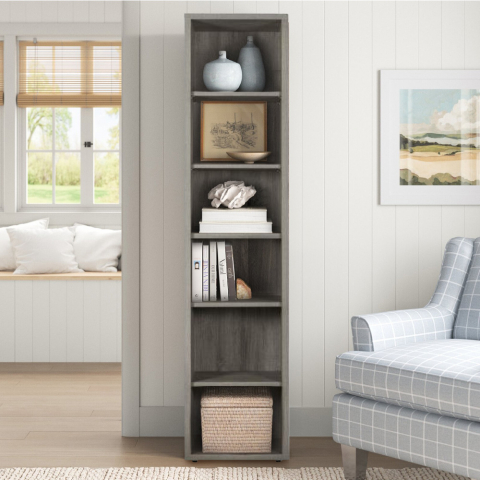 Smalle modulaire boekenkast met 6 grijze planken voor thuis en op kantoor Slim