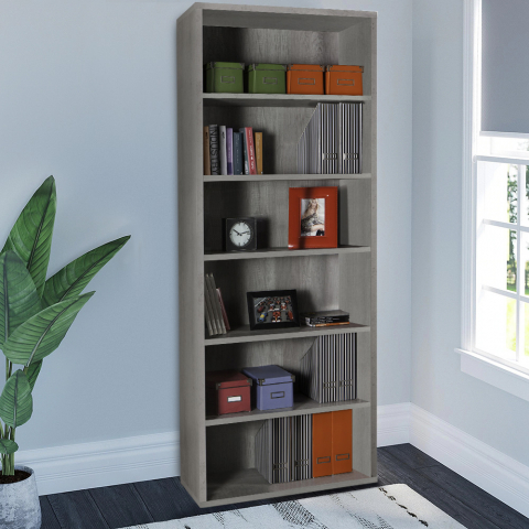 Hoge grijze boekenkast met 6 planken voor kantoor en studie Empire State