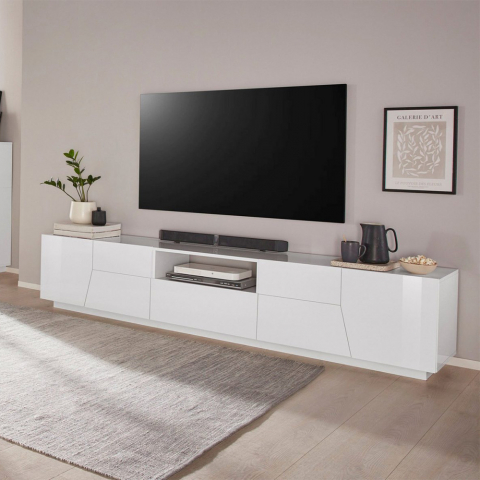 Moderne TV-meubel wandmodel woonkamer 220x43cm glanzend wit Fergus