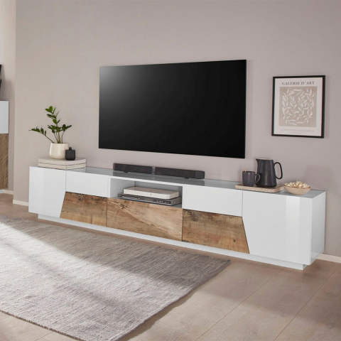 TV-meubel 220x43cm wit hout woonkamer muurkast Fergus Wood