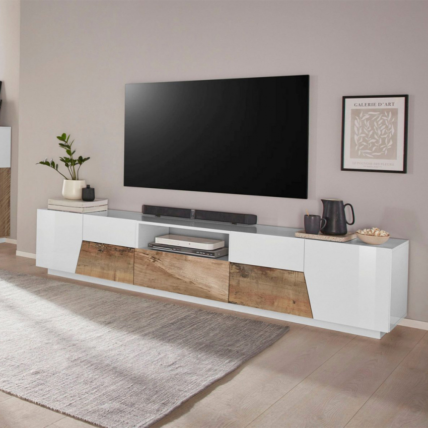 TV-meubel 220x43cm wit hout woonkamer muurkast Fergus Wood Aanbieding